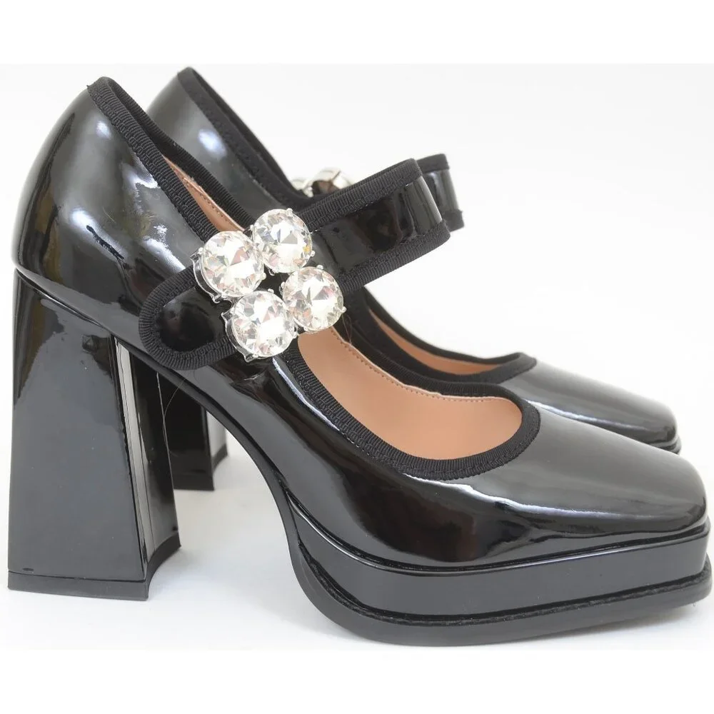 Bling! Mary Jane Black Patent Faux Leather Platform High Heel Shoes Goth Fairy
